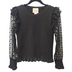 Maeve by Anthropologie Textured Knit Top w/ Sheer Ruffle Sleeves – Black, Small